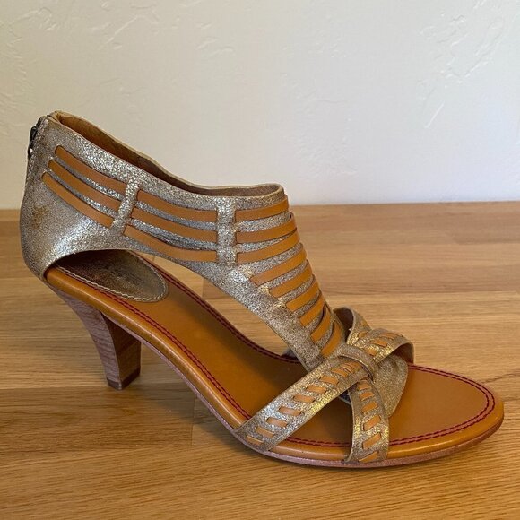 TRASK Hannah Gold Metallic Leather Huarache Look Heels Size 9.5 - Picture 2 of 8